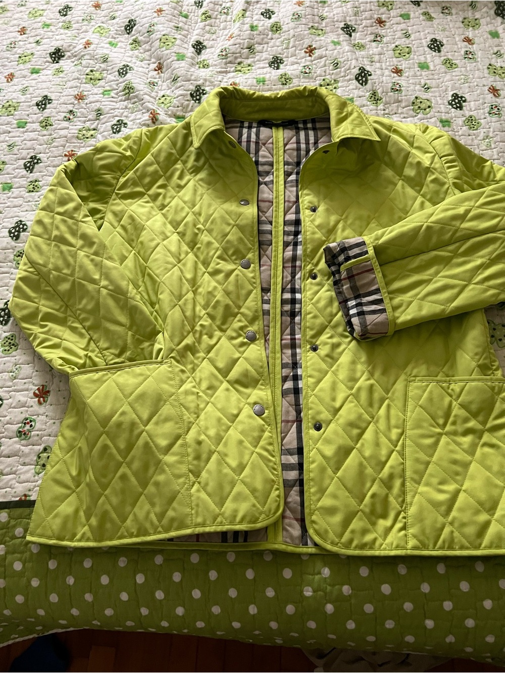 Burberry Quilted Lime Green Jacket with Plaid Lining